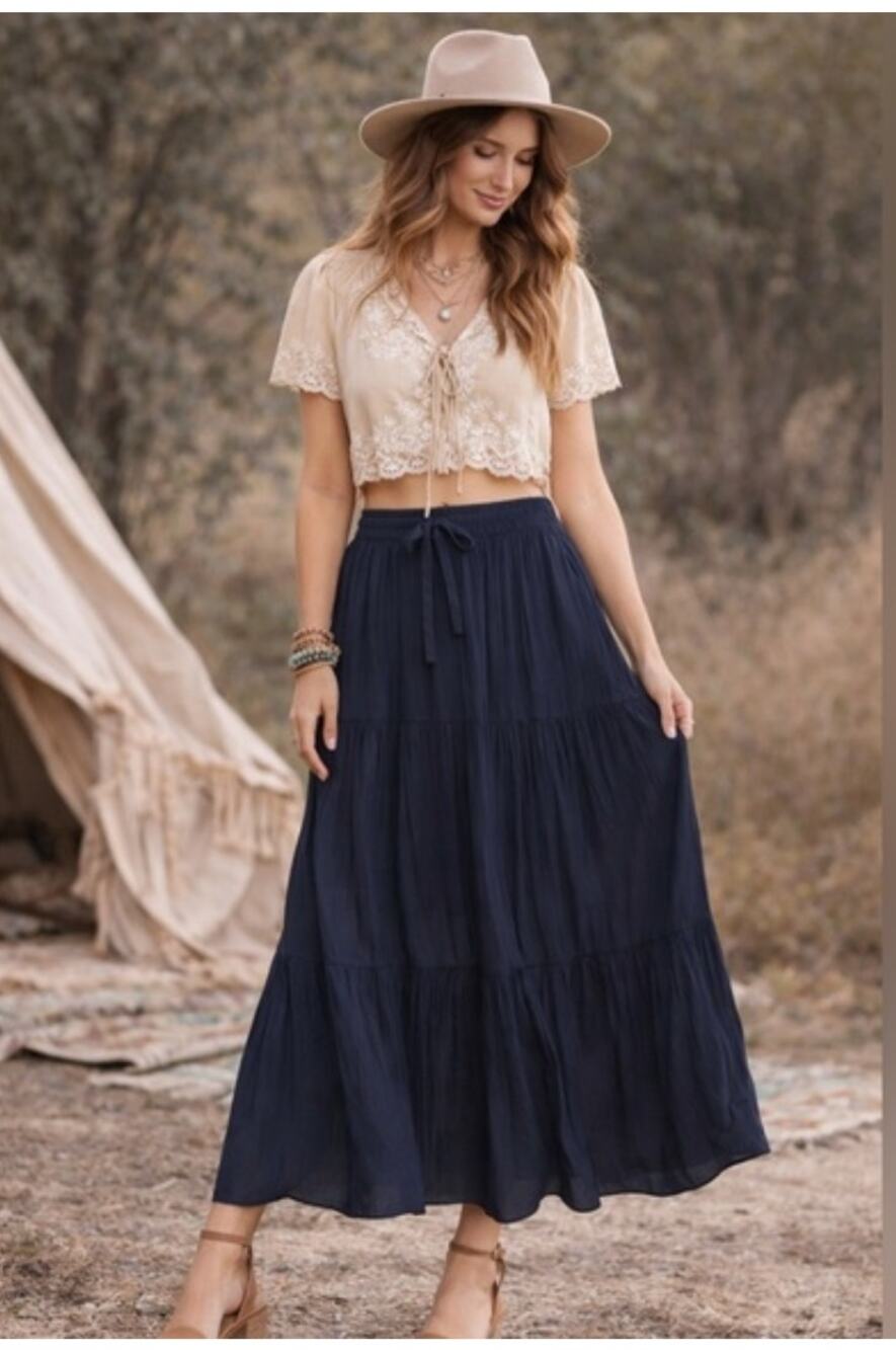 J.Jill Navy Blue Tiered Maxi Skirt